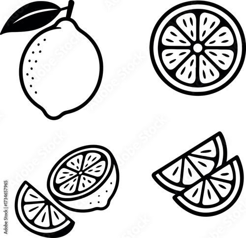 Vector illustration of a whole lemon with leaf and various lemon slices in black outline