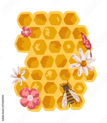 Bee with honeycomb and flowers in flat style with noise texture
