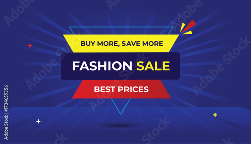 fashion sale best prices buy more save more editable web banner vector art template design badge icon label yellow dark blue red gradient shapes blue dark light sun shine abstract business background 
