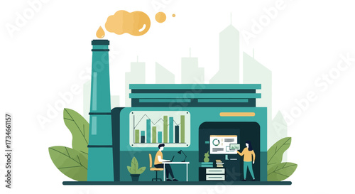 Vector illustration of a modern factory building with a tall chimney emitting smoke, symbolizing industry and production