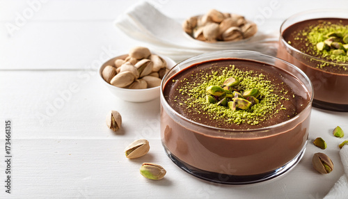 A Chocolate Mousse Dessert With Pistachios On A White Table