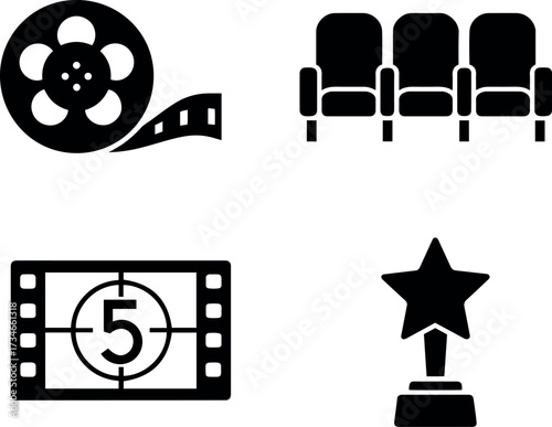 Vector illustration showing a film reel, theater seats, countdown frame, and a star trophy.