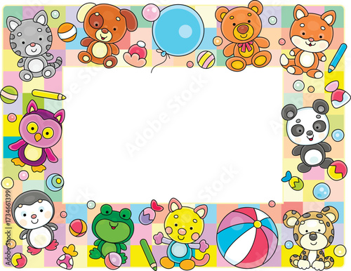 Frame border with colorful gifts, cute baby animals, funny toys and sweets for little children, vector cartoon illustration on a white background