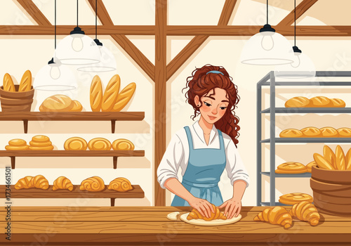 Vector illustration of a female baker with curly brown hair wearing an apron, kneading dough on a wooden counter in a bakery filled with bread and pastries