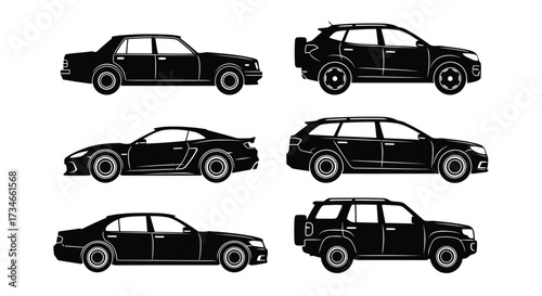 Vector illustration of collection of black car silhouettes, including sedan, suv, and sports car