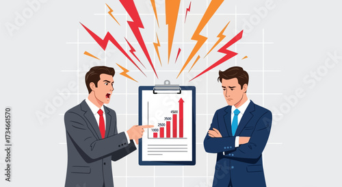 Vector illustration of angry businessman shouting at colleague during a tense business meeting, pointing at a financial graph