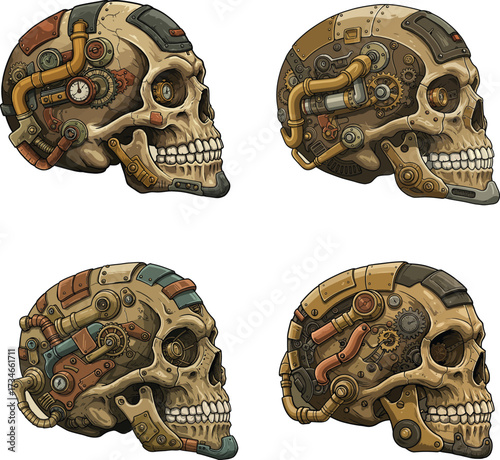 Steampunk mechanical skull profile with gears, pipes, and metallic details, vintage decorative vector illustration