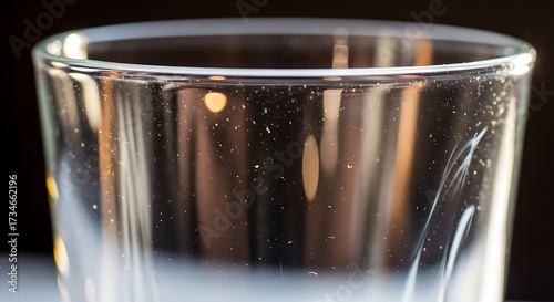 Close-up of Clear Glass with Dust Particles and Bokeh Light Reflections on Dark Background