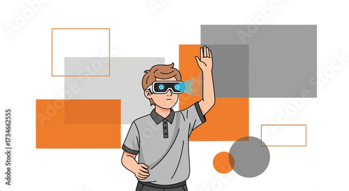 A young man explores virtual reality with futuristic glasses interacting with digital elements