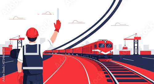 A Vibrant Illustration of Freight Transportation with a Signalman and Cargo Train
