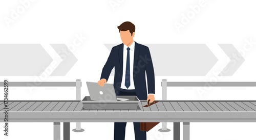 Airport Security Checkpoint: Business Traveler Preparing Laptop and Belongings for Scanning