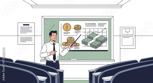 An economics professor lecturing on the market growth using data and money graphics explaining