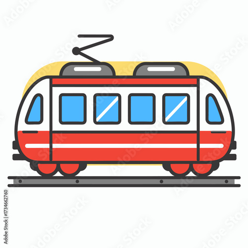 Modern transportation concept showcases a sleek red electric train on tracks, ideal for urban transit and infrastructure projects with its clean, vibrant design