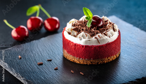 Cherry Cheesecake With Whipped Cream Chocolate Shavings Crumb Crust On Slate Board