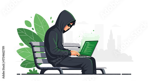 Anonymous hacker in hoodie using laptop on park bench for cyber security threat concept