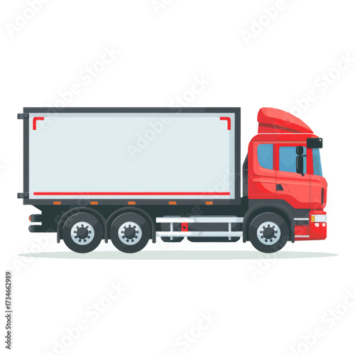 Modern red truck with cargo container ready to transport goods, perfect for logistics, delivery or commercial transportation designs, cargo shipment and global trade promotion