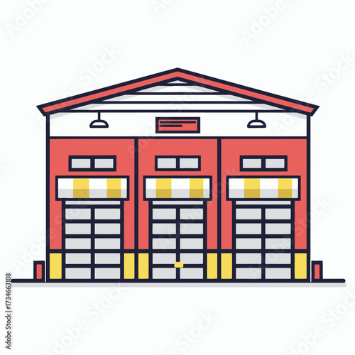 Modern cartoon fire station with three bays, perfect for a city planning presentation or children's book illustration, clean lines and whimsical design style