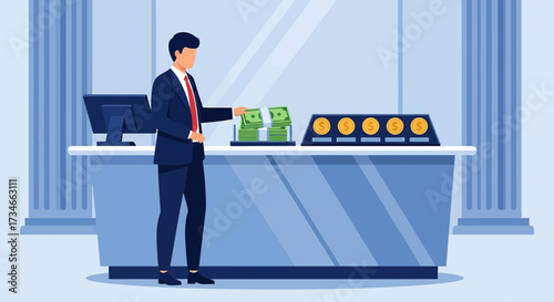 Bank teller assisting customer with cash transaction in a financial institution setting