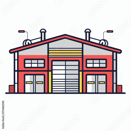 Modern red warehouse building, perfect for industrial designs, factory illustrations, and logistics visuals with its clean lines and contemporary style, scalable vector