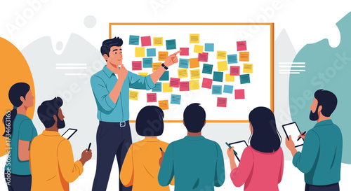 Brainstorming session with team members discussing ideas with sticky notes on board