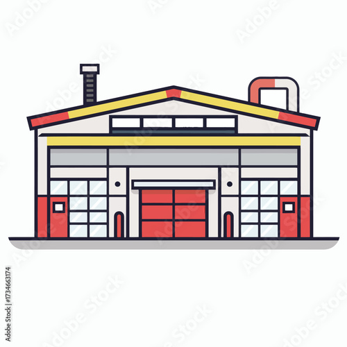 Modern vector illustration of a clean, colorful warehouse or factory building, perfect for industrial design, architecture, or logistics concepts for commercial usage