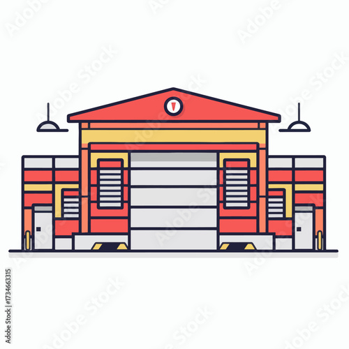 Vibrant cartoon fire station illustration with modern design elements, perfect for children's books, educational materials, or creative projects about community safety