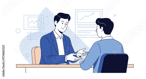 Business meeting illustration showcases financial growth and collaborative discussion among