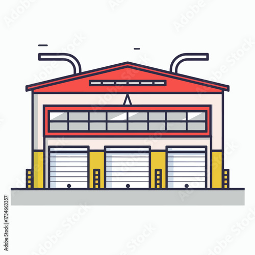 Modern flat design vector of a commercial warehouse with three garage doors for logistics companies, manufacturing, and industrial business concepts with clean lines