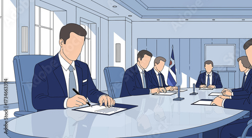 Business meeting illustration with executives signing documents in a boardroom setting corporate