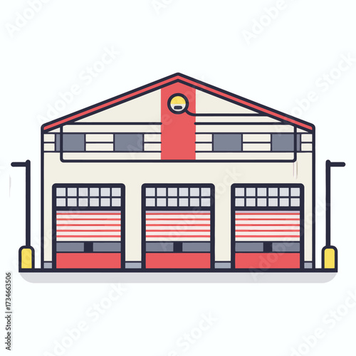 Modern warehouse with three garage doors offers secure storage, ideal for commercial, industrial, or residential use, providing versatile space and accessibility