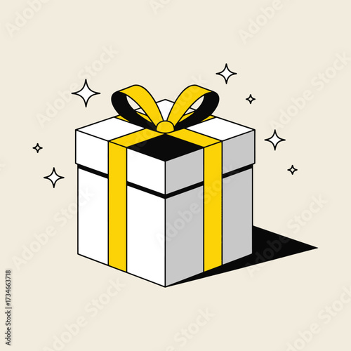 Stylish gift box illustration with yellow ribbon and sparkling effects
