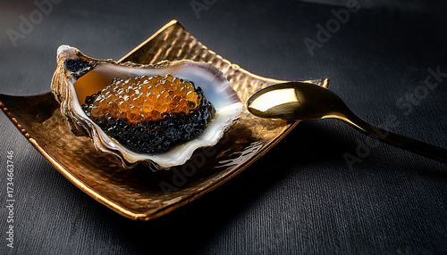Luxurious Caviar Served In An Oyster Shell With A Spoon