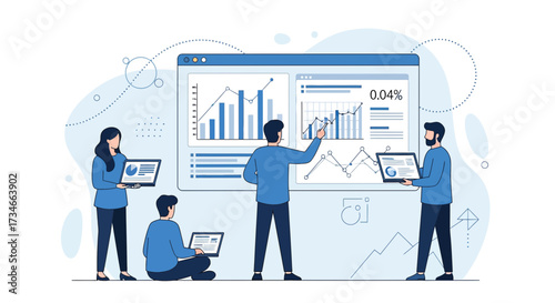 Business team analyzing data charts and graphs on screen showing financial insights