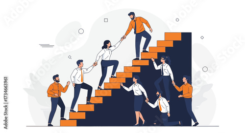 Business team climbing stairs together to achieve success in a corporate environment with