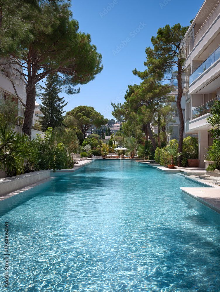 Fototapeta premium Infinity swimming pool at luxury resort hotel on sunny day