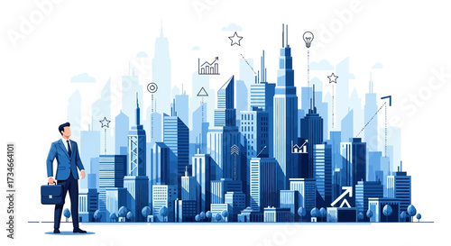 Business vision in the city skyline representing financial growth and opportunity showing success
