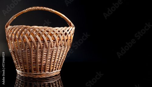 A Woven Basket With A Handle Designed For Carrying Or Storing Items On Black Background