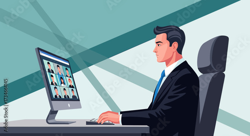 Businessman attending a virtual meeting on a desktop computer in an office setting illustration