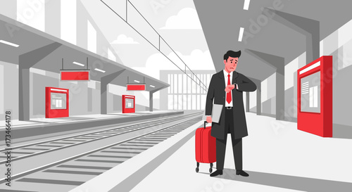 Businessman Checking Time at Train Station, Anticipating a Delayed Departure