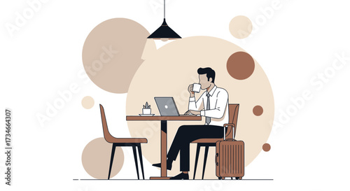 Businessman working remotely from a cafe while traveling vector illustration