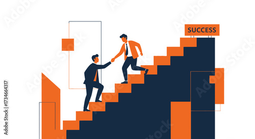 Businessmen climb the stairs of success through teamwork and collaborative support