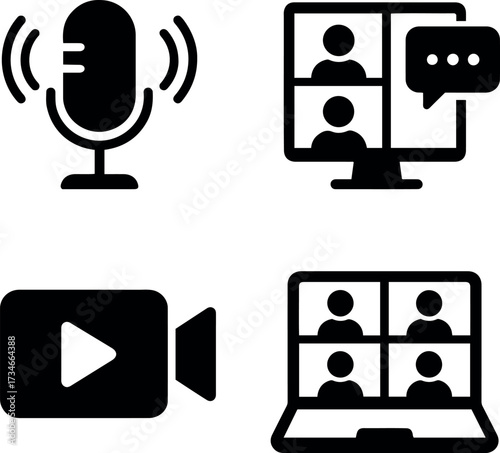 Vector illustration showing microphone, video camera, computer and laptop for video call setup
