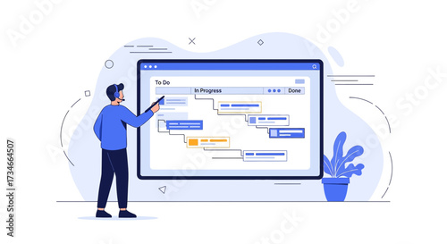 Cartoon illustration of a man presenting a project management workflow board online