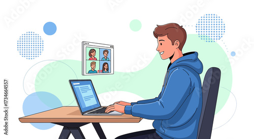 Cartoon illustration of a man working from home on a laptop during a video call with colleagues