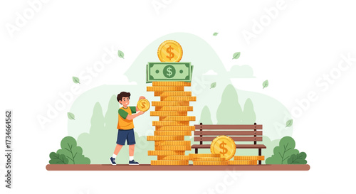 Cartoon illustration representing saving money and financial growth for young people and future