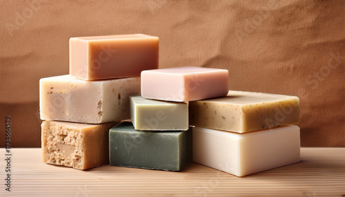 Captivating Bunch Of Natural Soaps Displayed On A Table With Cork Background In Soft Pastel Hues