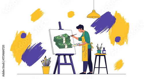 Conceptual illustration depicting an artist painting a stack of money symbolizing wealth and