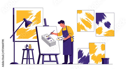 Conceptual illustration of an artist painting money reflecting the economics of the art world
