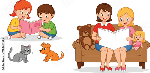 Happy children reading book with mother, family story time, kids learning on sofa, teddy bear toy, pet cat dog fun