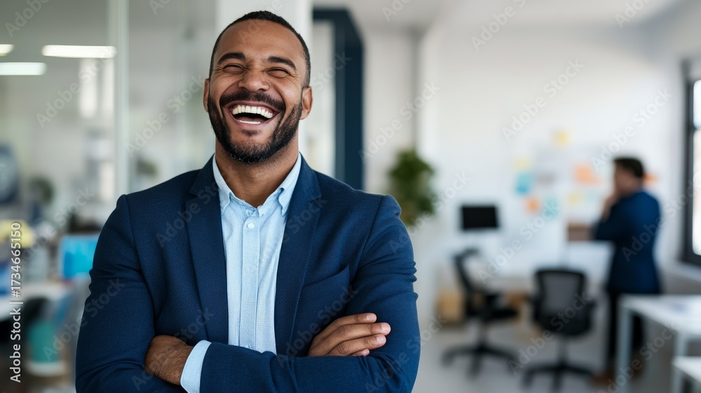 Fototapeta premium Laughing Businessman in Blue Suit at Office, business , success